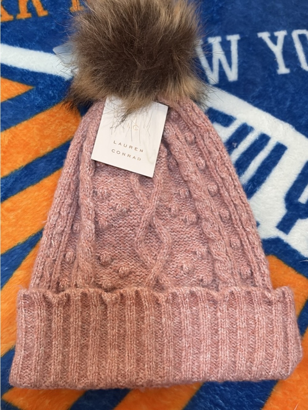 LC Lauren Conrad Dusty Rose Cable Knit Beanie with Faux Fur Pom